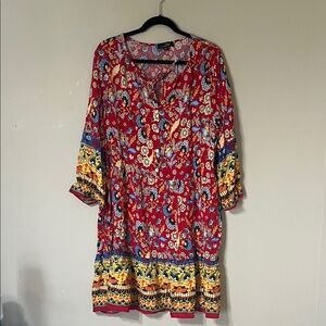 Suzanne Betro Red Floral Midi Dress with Blue and Yellow Accents